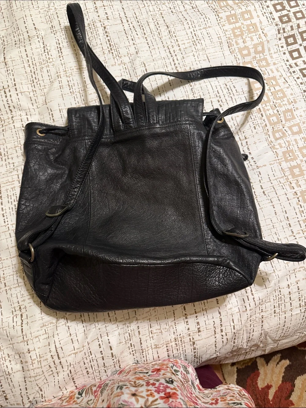 Day & Mood Black Leather Drawstring Backpack - Unbranded